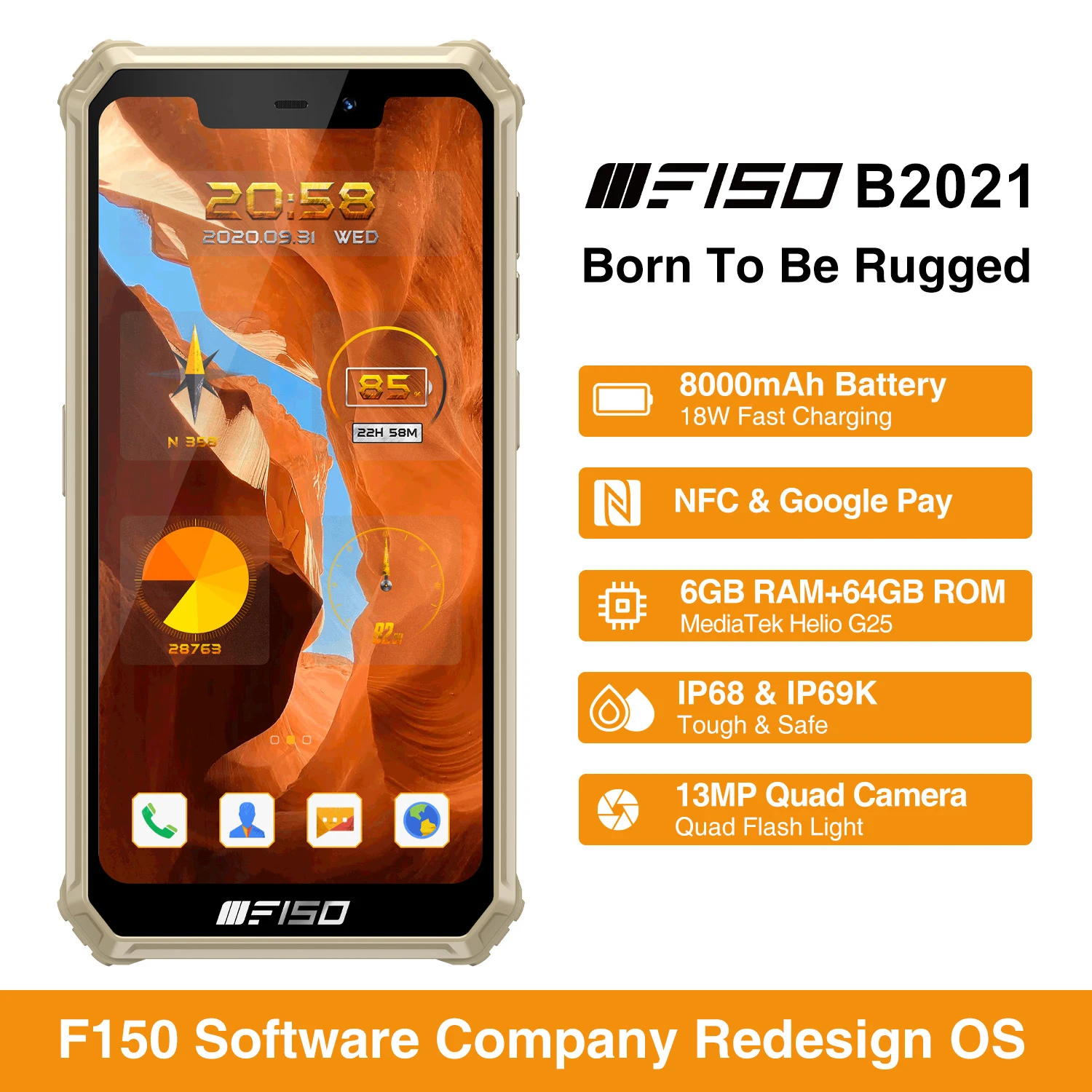 F150 B2021 IP68/69K прочный смартфон 6 ГБ + 64 8000 мАч Восьмиядерный мобильный телефон NFC 5 86