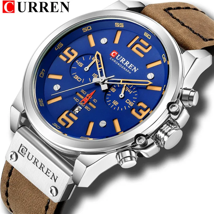 CURREN Мужские часы Топ люксовый бренд водонепроницаемые спортивные наручные часы хронограф кварцевые Военная Кожа натуральная Relogio Masculino - Цвет: Brown Blue White