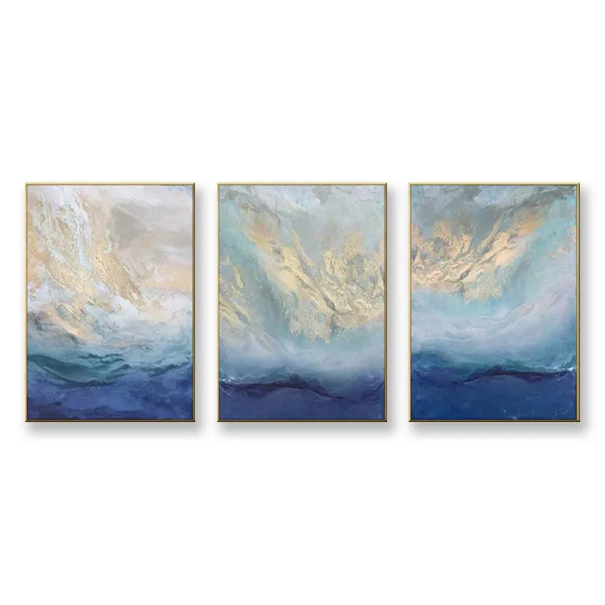 

canvas panel 3 pieces set Hand drawn abstract oil painting blue and gold sky landscape for living room sofa bedroom no framed