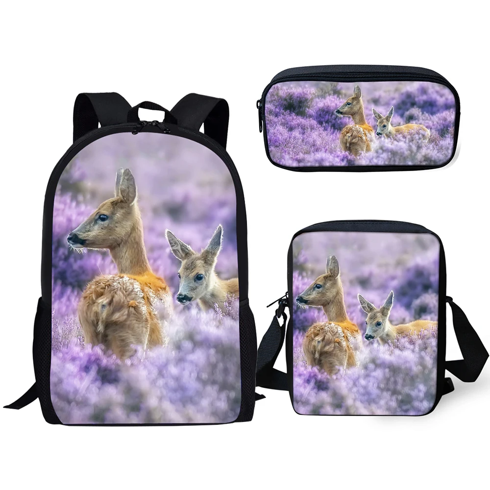 Детский рюкзак ELVISWORDS из 3 предметов, школьные сумки с цветочным рисунком оленя, каваи, рюкзак для студентов/сумки с откидным клапаном/пеналы для ручек