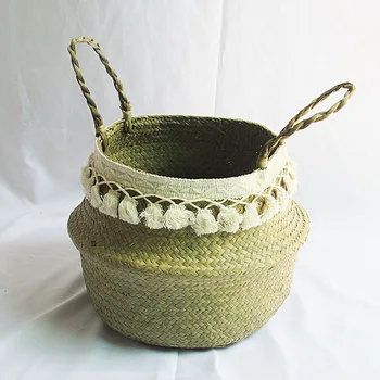 

Foldable Natural Seagrass Woven Storage Basket Pot Garden Flower Vase Hanging Wicker Basket Bellied Basket Household Storage