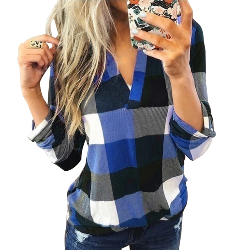 Puimentiua Fashion Brand Ladies Plaid Shirt Winter Warm Roll Up Blouse Femme V Neck Loose Blusa Lattice Print Style Tops - Цвет: Blue