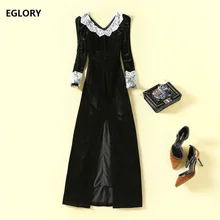 Robe longue noire en velours pour femme, tenue de soirée, col en v, dentelle blanche, Patchwork, manches longues, Sexy, moulante, collection automne hiver 2020 