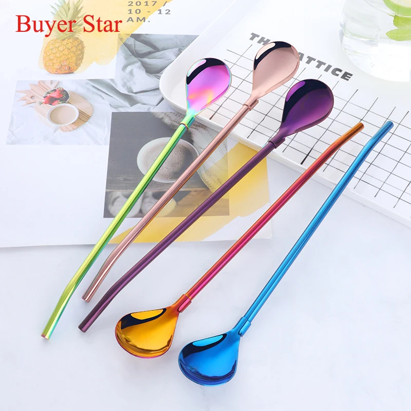 

8PCS Stainless Steel Drinking Straws Spoon Reusable Straws Yerba Mate Tea Coffee Milk Stirring Spoon Cocktail Party Bar Supplies