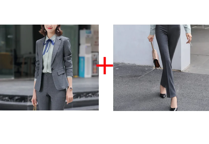 Gray Pants Set New female elegant Women's Black Gray Pants Suit trouser Blazer costumes jacket Suits ladies office wear uniforms 2 piece blouse - Цвет: Gray Pants Set
