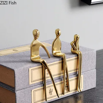 

Pure Copper Portrait Statue Simple Ornaments Golden Abstract Figures Statuette Desk Decor Pendant Crystal Base Home Decoration