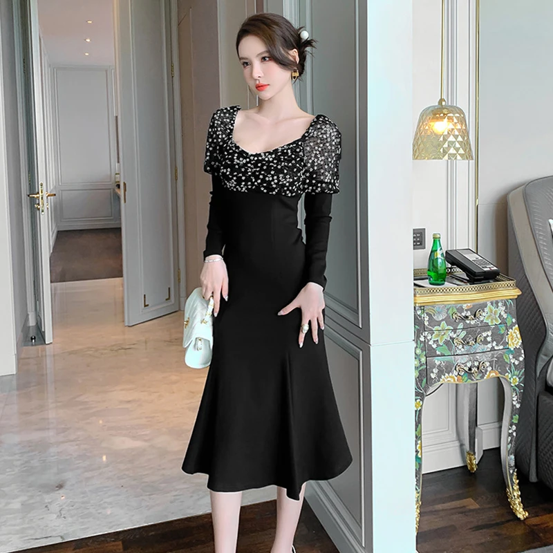 

Женское винтажное платье-Русалка средней длины, черное платье с глубоким вырезом и длинным рукавом, элегантное платье с цветочным принтом, для клуба и вечеринки,