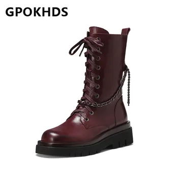 

GPOKHDS 2021 women Mid-Calf boots Sheepskin Winter short plush Round Toe Zipper Chain High heels female Riding boots size 42
