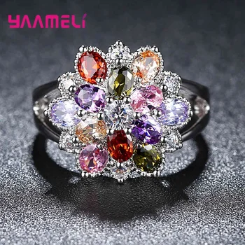 

Colorful Flower Cubic Zirconia Wedding Rings For Women 925 Sterling Silver Jewelry Austrian Crystals Female Engagement Anel Gift