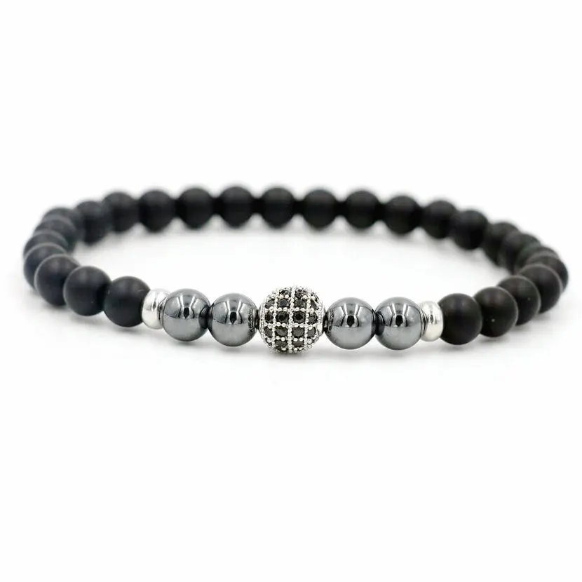 Ball silver Lucky инкрустация микро CZ гантели бусины браслет для мужчин и женщин 6 мм Камень Strand Шарм чакра браслет для влюбленных пар Викинг ювелирные изделия - Окраска металла: Ball silver