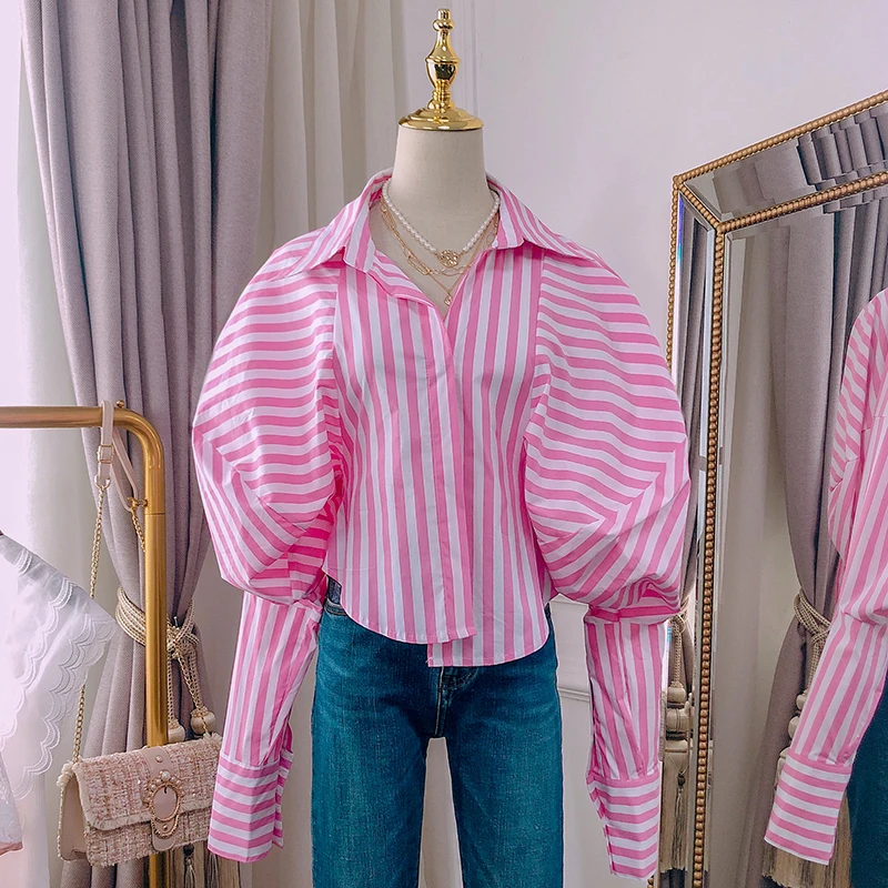 YEAR New Palace Puff Sleeves Women Blouse Striped Asymmetrical Casual Lady Shirt Clothes FOR Street