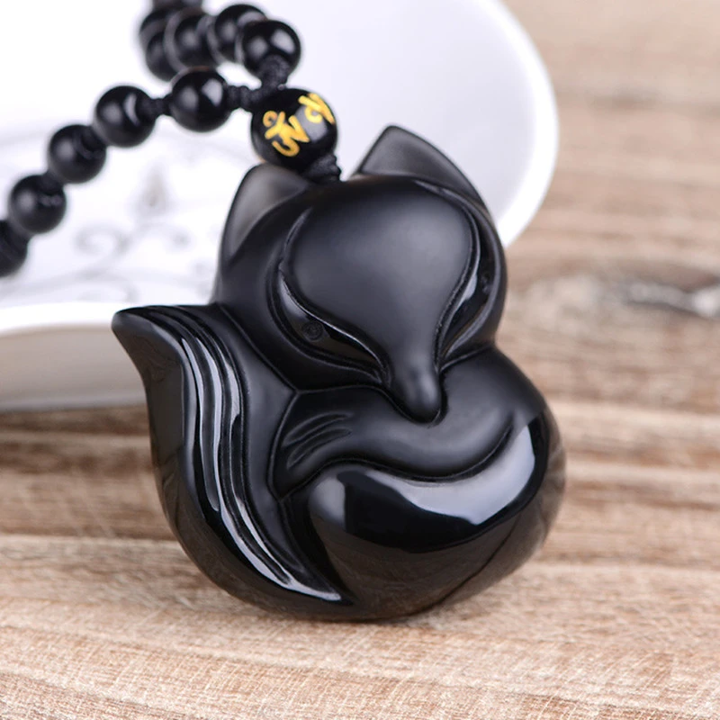 Natural Obsidian Pendant Hand Carved Fox Chain Lucky Amulet Pendant Necklace