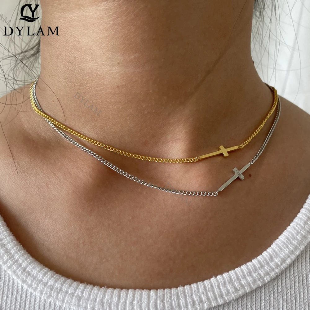 Dylam Women Choker Chains 18K Plated Side Cross Gold Necklaces Sterling Silver 925 Necklac | Украшения и аксессуары