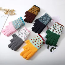 

6 Colors Flower Jacquard Thickened Two Fingers Exposed Touch Screen Gloves Winter Knitting Women Warm Write Mittens One Size