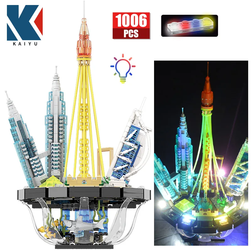 Конструктор KAIYU со светодиодной подсветкой и изображением улицы, знаменитая архитектура, Дубай, Бурдж, халифа, дом, кирпичи, игрушки для детей, подарки