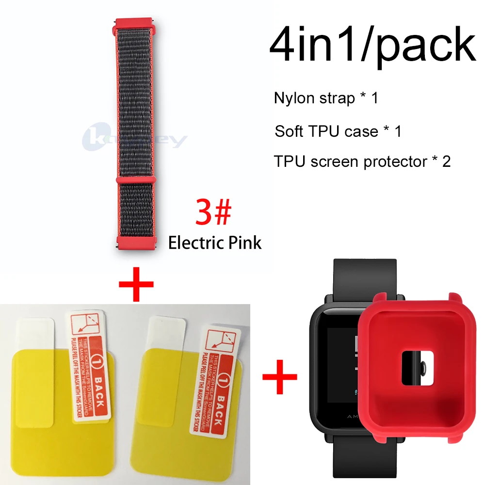 4в1/упаковка нейлоновый ремешок для Xiaomi Huami Amazfit Bip BIT Youth Watch ремешок на запястье браслет Резина Amazfit bip мягкий чехол - Цвет: 3-Red case