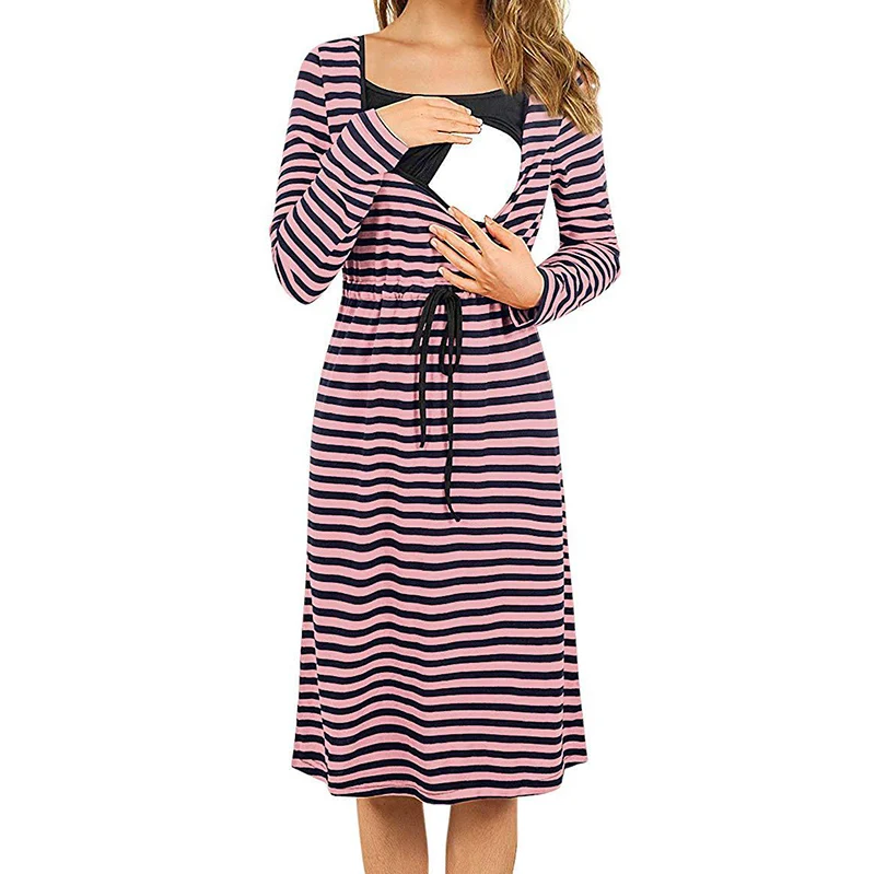 Pregnant Women Breastfeeding Clothes Autumn Winter stripe Lactation Maternal Dress Nurse Pregnancy Casual Receiving Waist Dresse