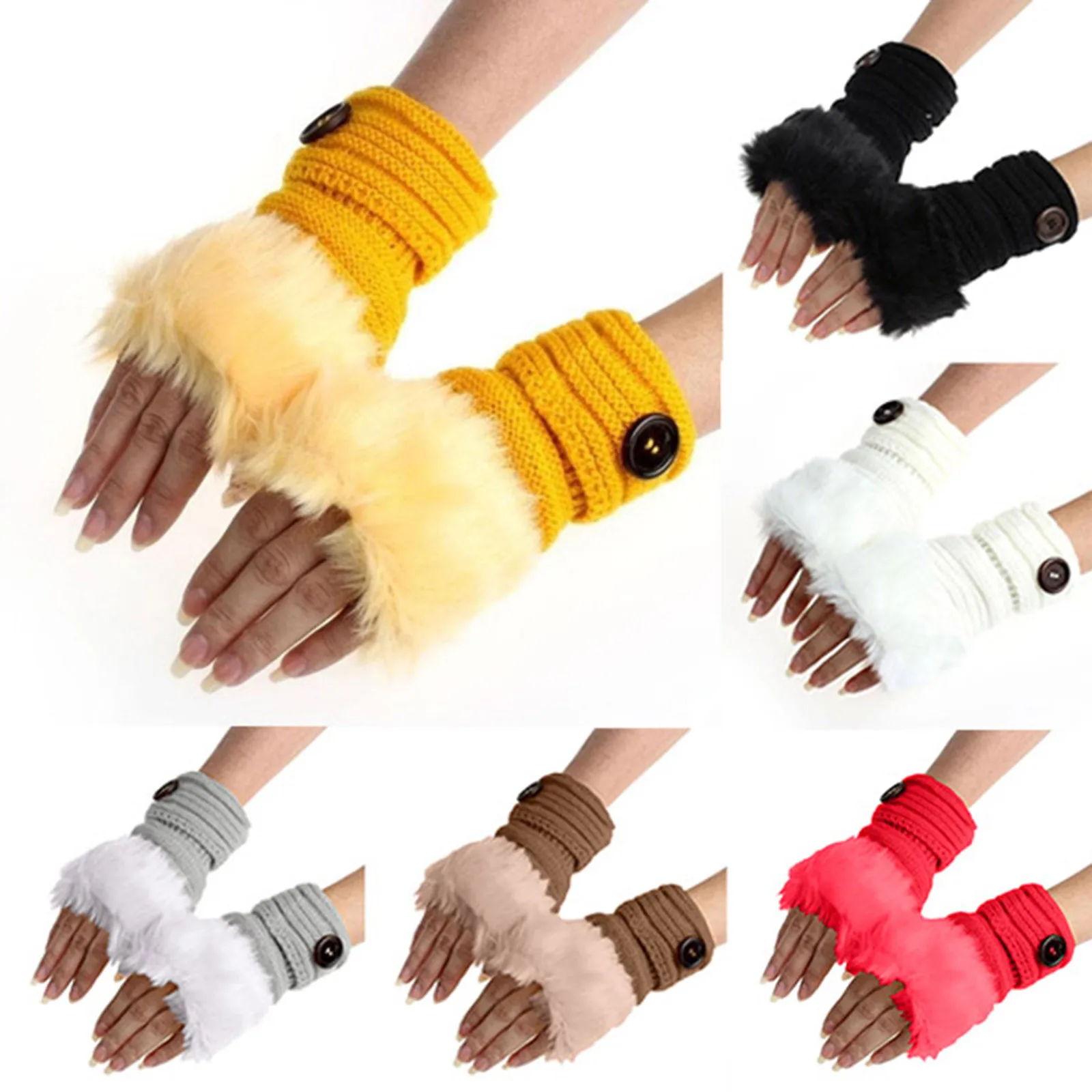 Women Warm Winter Gloves Faux Rabbit Fur Wrist Fingerless Working Gloves Mittens 