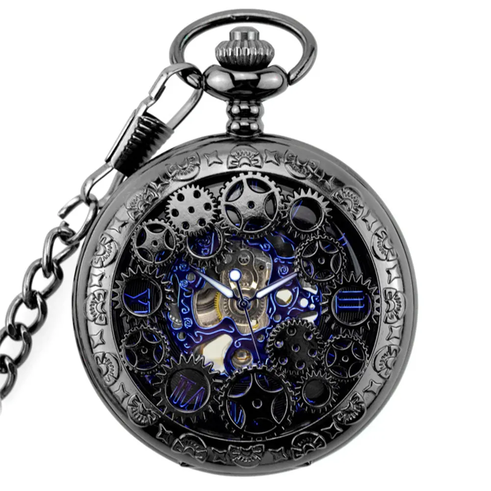 Mechanical Sculptured Fashion Pocket Watch Vintage Roman Numerals Necklace Gear Shape Retro Gift With Chain Fob Flip Open