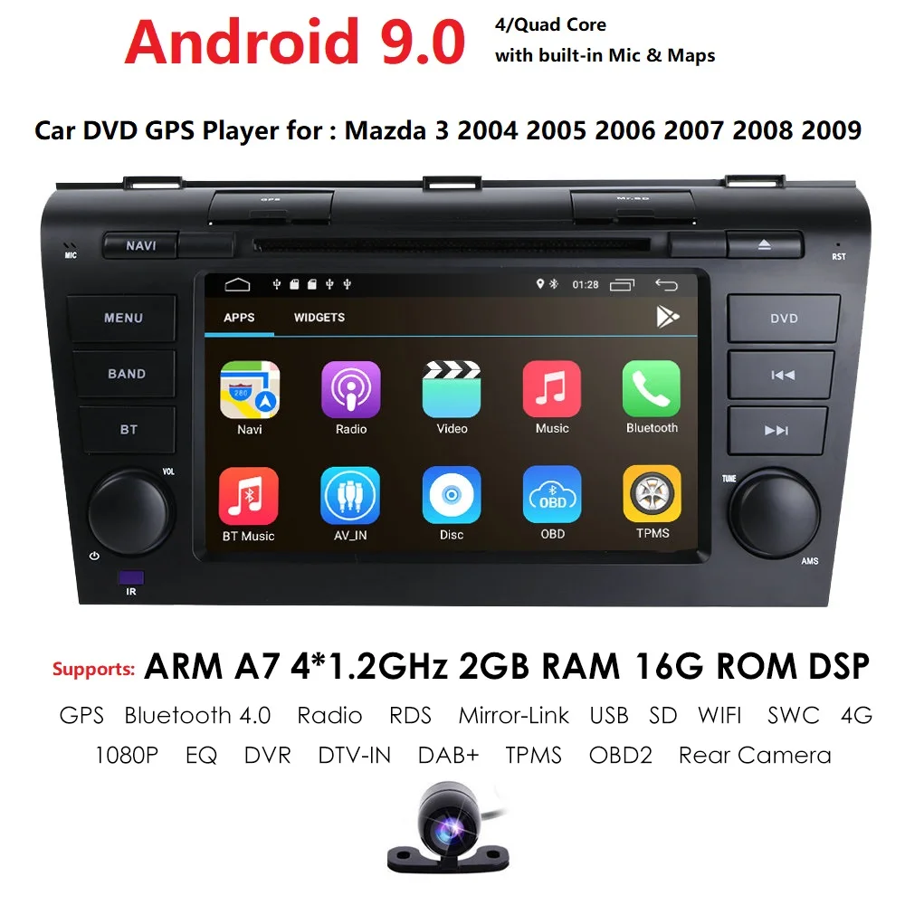 cheap HIZPO 7 inch Android 9.0 2DIN GPS Navigation Car DVD Radio Player for 2004 2009 Mazda 3 with Bluetooth WIFI Mirror Link OBD2 DAB