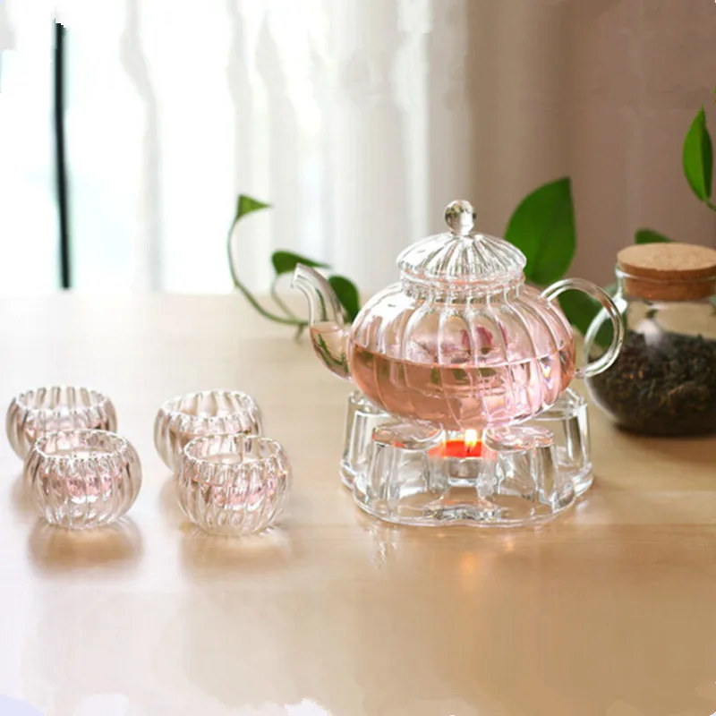 

Free Shipping 6pcs/pack Glass Teapot Set Volume=600ml Striated Pot Cup Set Creative Stripped Double-wall Cup Cystal Warm Holder