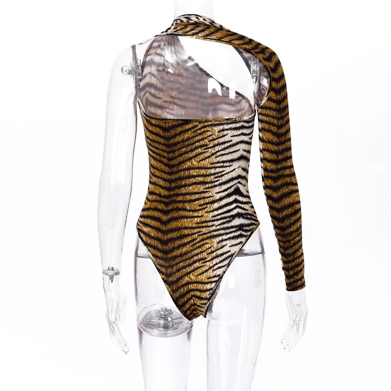 One Shoulder Tiger Animal Print Bodysuit Sexy Backless Bodycon Streetwear Body Romper Party Clothes Autumn Winter