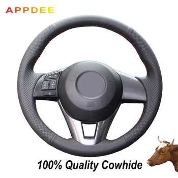

APPDEE Black Genuine Leather Car Steering Wheel Cover for Mazda CX-5 CX5 Atenza 2014 Mazda 3 CX-3 2016 Scion iA 2016