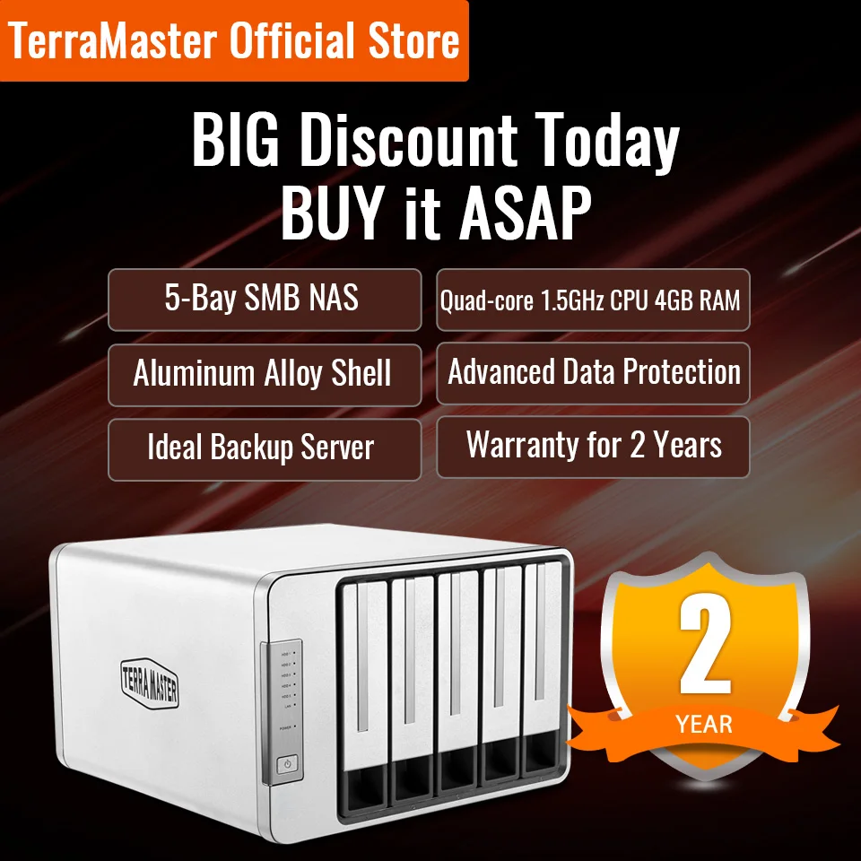 Terramaster F5-422 10gbe no servidor de armazenamento de rede de 5 baías Intel quad-core cpu com criptografia de hardware (diskless)