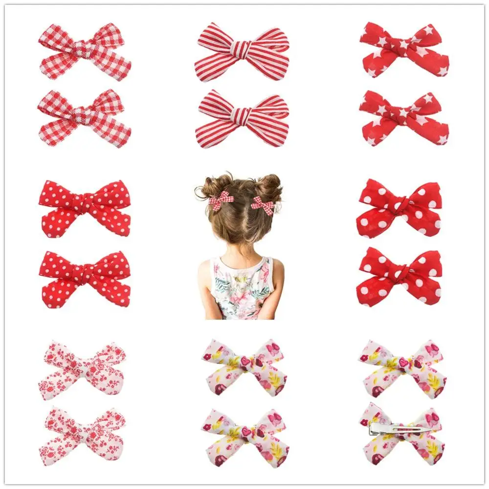 2pcs/set Red Hair Clips Set Cotton Bow Flower Hairpins Barrettes
