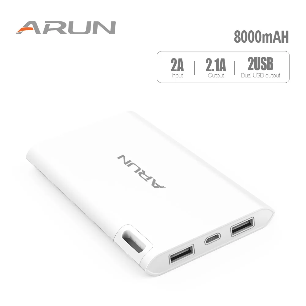 Ультратонкий портативный внешний аккумулятор ARUN J208 емкостью 8000 мАч осталось