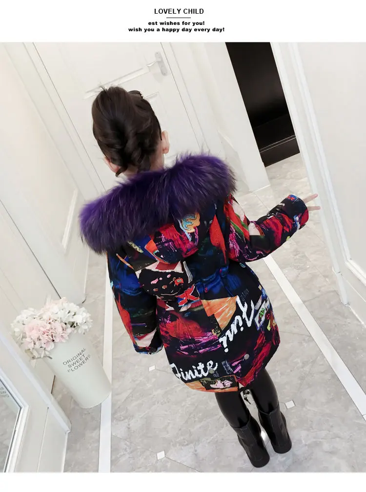 Fashion Children Winter down cotton Jacket Girl clothes Kids Warm Thick fur clothing Hooded long Coat For Teenage 4Y-13Y