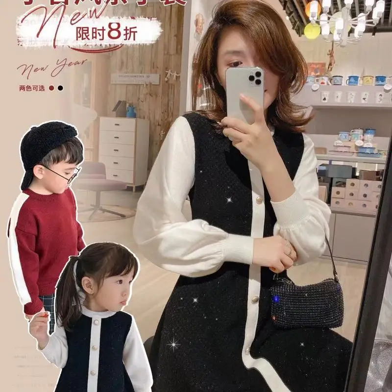

2020 new Parent-child Outfits Cute Family Look Sweaters Family Matching Outfits Mother Kids Girls dress Knit Sweater