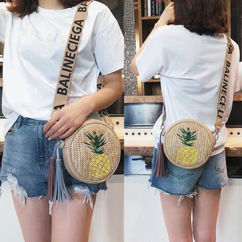 

Round Straw Bags Women Summer Pineapple Pattern Rattan Bag Handmade Woven Beach Cross Body Bag Circle Bohemia Handbag