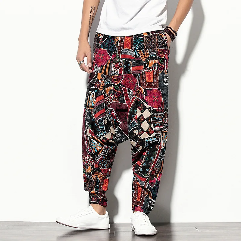 

Hip Hop Linen Cotton Pants MEN'S Casual Pants Loose-Fit Printed Versatile Collapse