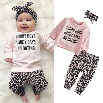 

Newborn Baby Boy Girl Long Sleeve Letter Print Cotton T-shirt Tops Leopard Long Pant Headband 3PCS Baby Clothing Set