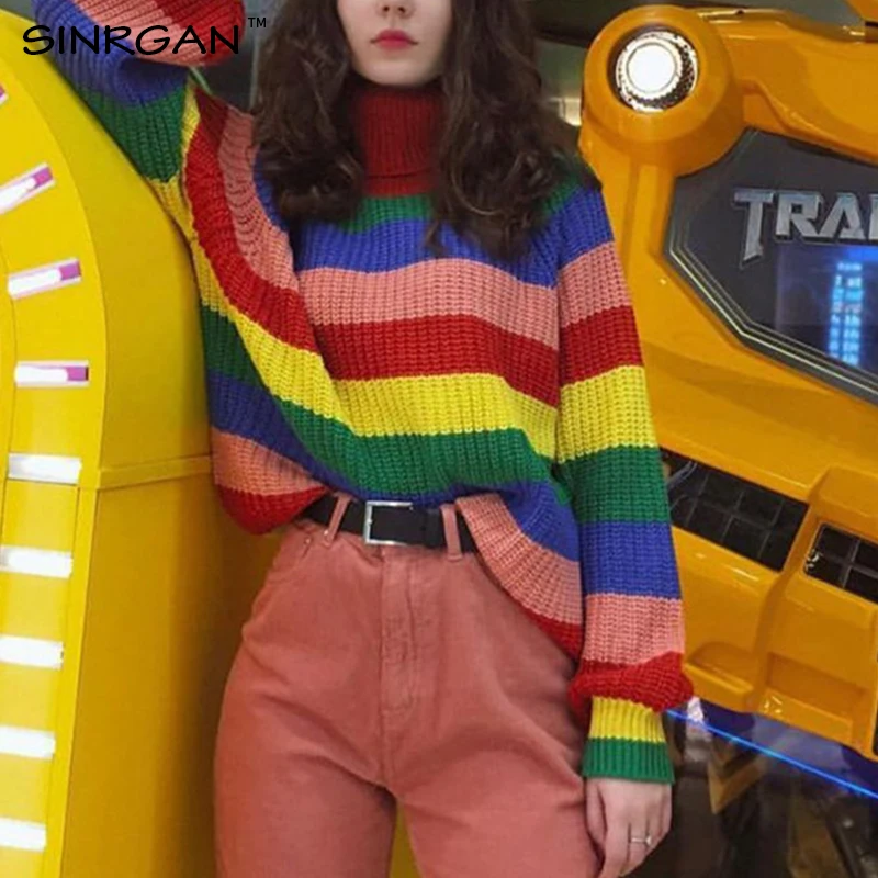 

SINRGAN Rainbow Striped Pullovers Sweater Turtleneck Winter Sweater Women Invierno 2019 Loose Knitted Female Jumper Tops