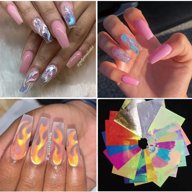 

1 Sheet Holographic Fire Flame Nail Vinyls Stencil Hollow Stickers Fires On Manicure Stencil Stickers Nail Art Decoration