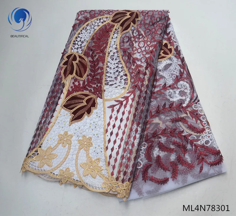 

Beautifical african lace fabrics Fashion style embroidery tulle lace guipure lace with stones mesh lace beads fabric ML4N783