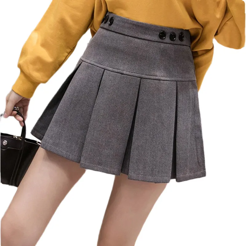 Консервативный стиль, Осень-зима, шерстяные юбки, женские,, повседневные, высокая талия, корейский стиль, плиссированная мини-юбка, женская, серая, Черная
