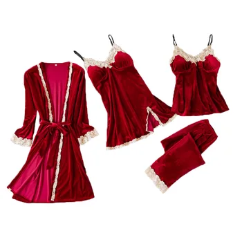 

2019 new Gold Velvet 4 Pieces Warm Winter Pajamas Sets Women Sexy Lace Robe Pajamas Sleepwear Kit Sleeveless Nightwear