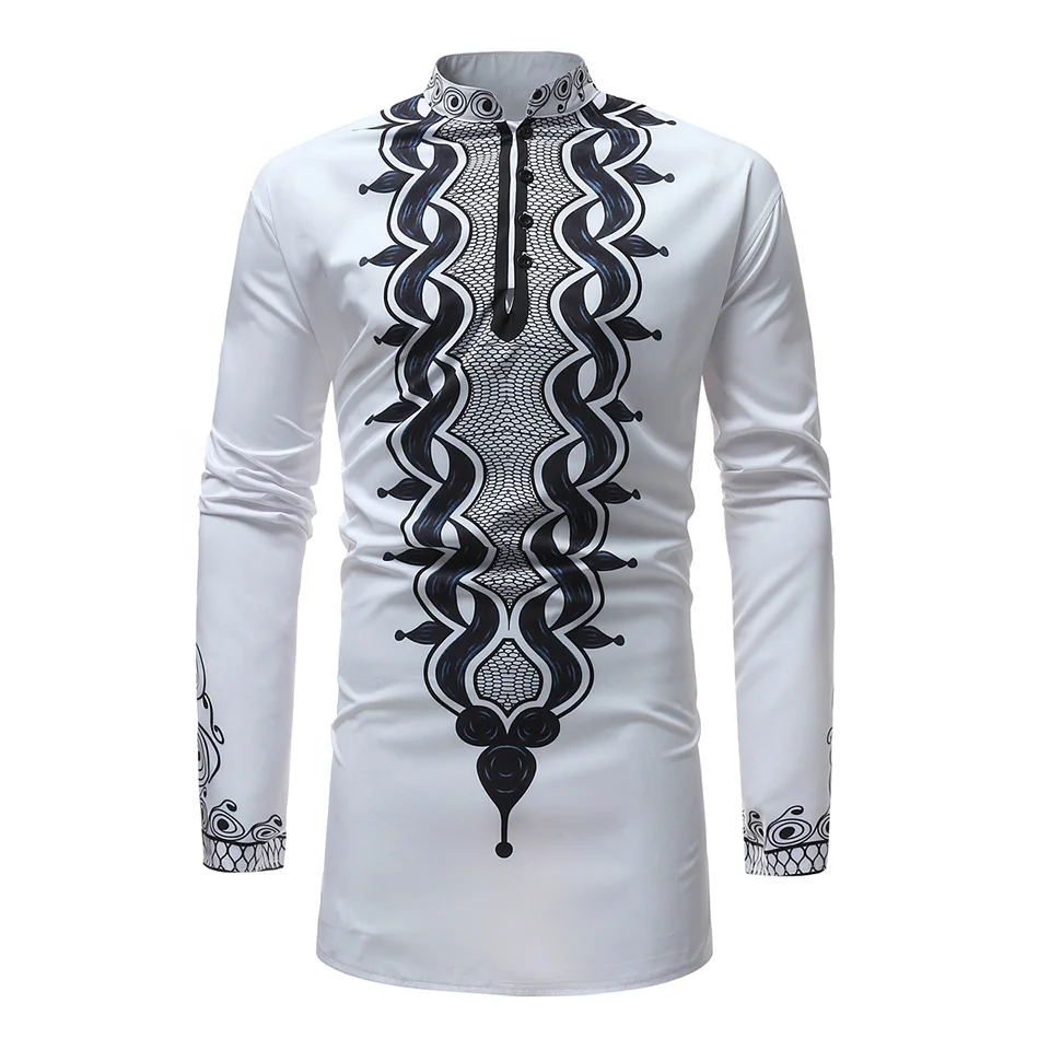 Clomplu Dashiki модная Осенняя рубашка мужская Повседневная рубашка с длинными рукавами мужская одежда в африканском стиле белая