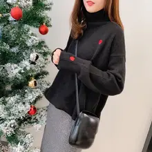 Пуловер с высоким воротом, женский зимний толстый свитер, милая Корейская повседневная с вышитым сердцем, вязаные свитера