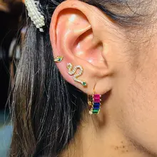 Новинка, брендовые серьги-кольца с кубическим цирконием и камнями в виде багета, блестящие свадебные серьги, нежные разноцветные радужные серьги с фианитами