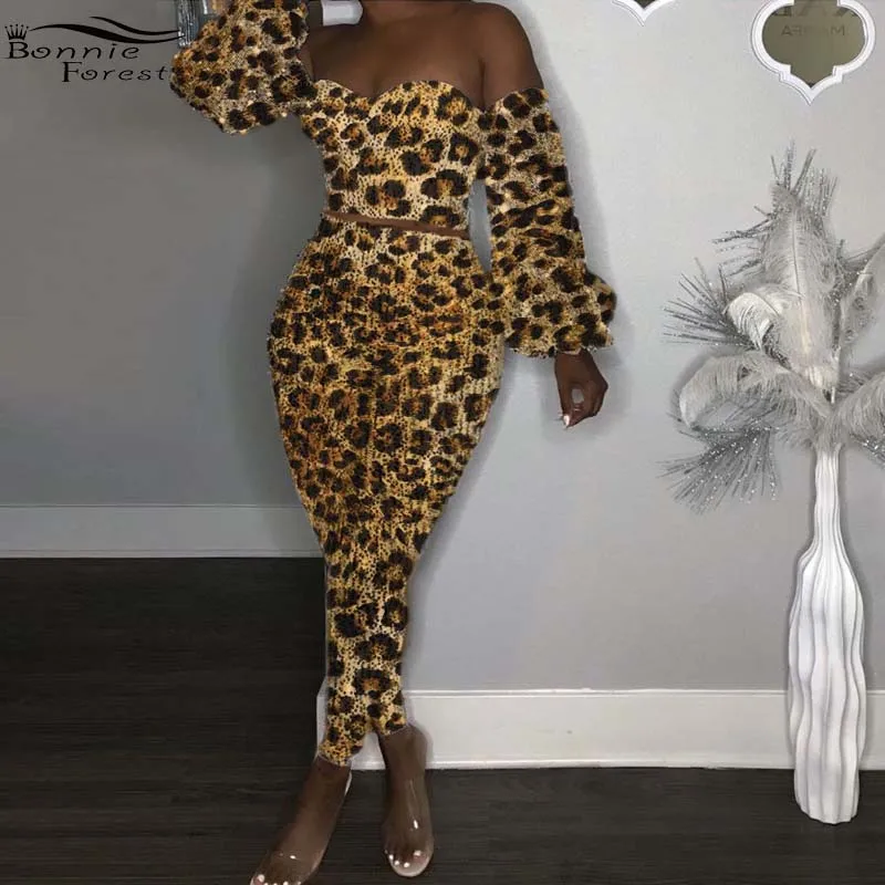 

Bonnie Forest Sexy Off The Shoulder Leopard Print Pant Set Women Puff Sleeve Tracksuit Matching Set 2 Pieces Night Out Overalls