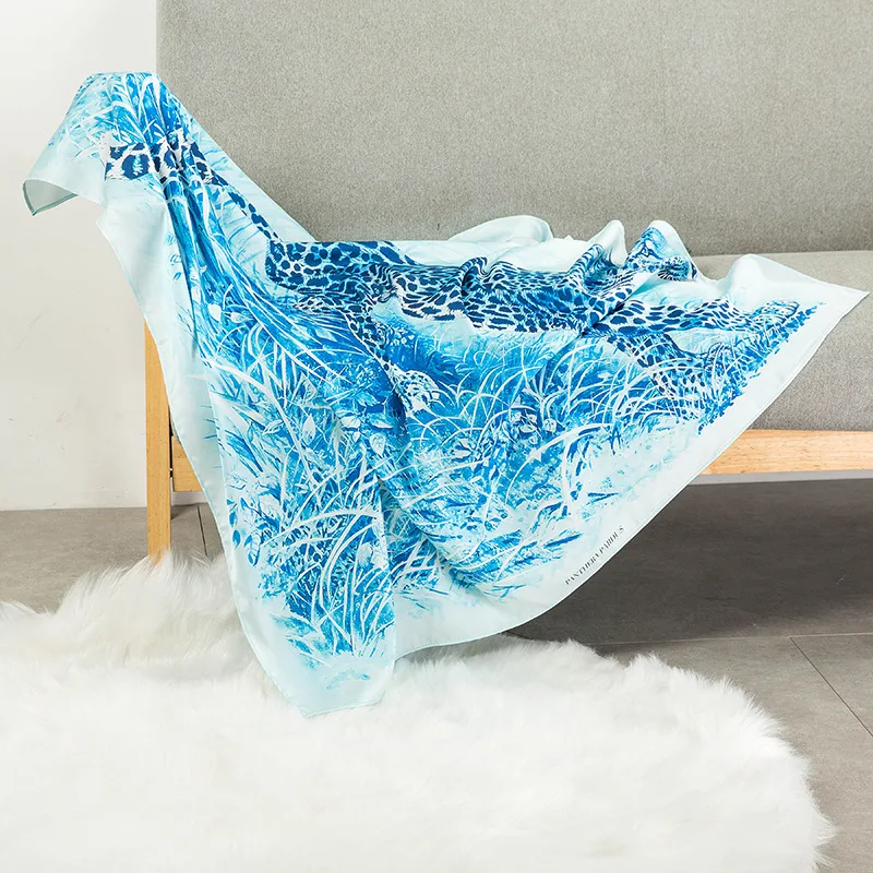 Женский шарф модный синий шарф с принтом шелк-сатин мягкий платок шарфы 90-90 см высокого класса бренд 100% Шелковый квадратный атласный