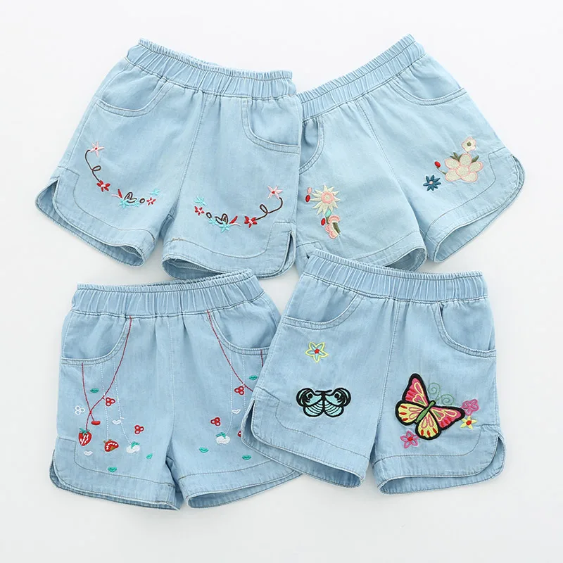 Children Embroidery Flower Cotton Pocket Denim Shorts 2 3 4 6 8 10 12Years For Small Baby Kids Girls Summer kids shorts