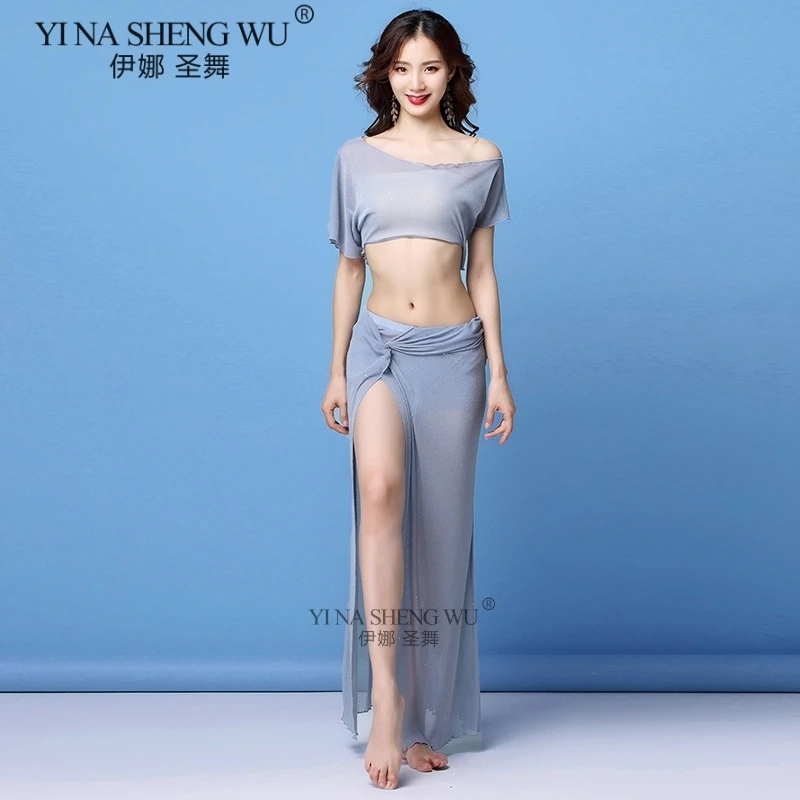 Haze blue Top- Skirt Серебряный сетчатый сексуальный прозрачный женский костюм для танца живота, 2 предмета, длинная юбка, одежда для занятий танцами, одежда для командного танца, одежда для восточных танцев - Цвет: Haze blue Top- Skirt