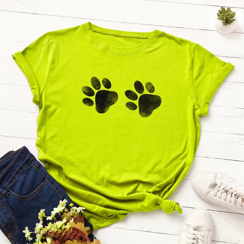 Women Cotton Plus Size T-shirt Graphic Tee Summer Tops Short Sleeve Top Tees Funny Cute Dog Paw Print T Shirts Female Shirt - Цвет: Flu Green