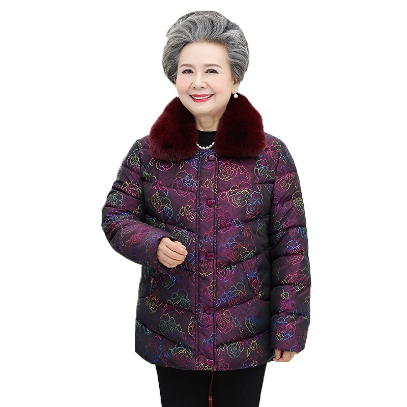 

Elderly Cotton Coat Winter Warm Jacket Short Fur Collar Large Size Thicken Printed Down Cotton Coat Grandmother Clothing A894