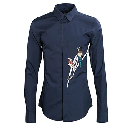 New Europe and America Magpie Embroidery Men's Shirts Animal Fashion Long Sleeve Chinese Style Slim Fit Casual Solid M-4XL - Цвет: Dark Blue